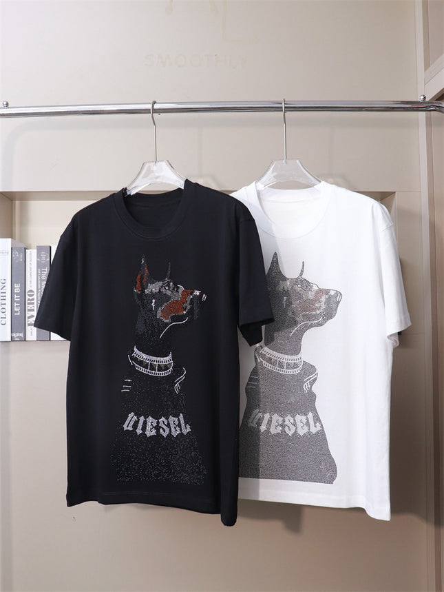 American Heavy Rhinestone Doberman Black Diamond Dog Short-sleeved T-shirt Plus Large Size Chubby Guy Personality Niche Design