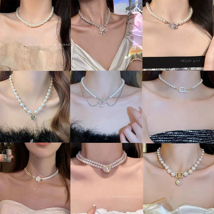 New Style Light Luxury Bow Pearl Necklace High-end Niche Design Collarbone Chain Simple All-match Alloy Necklace