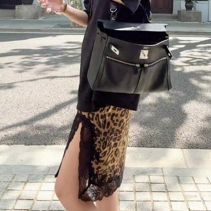 French-Style Light Mature Design with a Niche Vibe, Women's Spring and Autumn Lace Patchwork Thin Leopard Print Midi Skirt