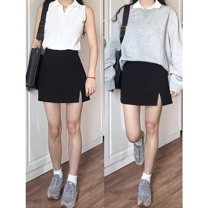 Slightly Chubby Women's High-Waisted Slimming Slit Skirt, Black Bodycon Skirt for Pear-Shaped Figure