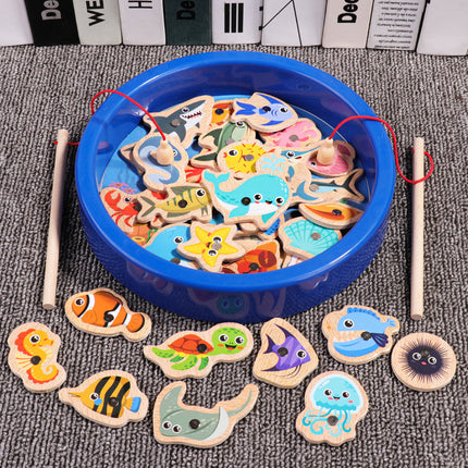 Magnetic Wooden Barrel Marine Fishing Toy Children's Early Education Educational Cognitive Fun Boys and Girls Parent-Child Games