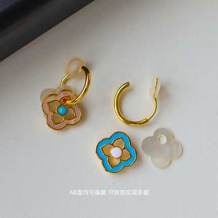 Original New Chinese Style Retro Light Luxury Four-leaf Clover Shell Ear Clip Without Ear Holes Fashionable Simple All-match High-end Earrings