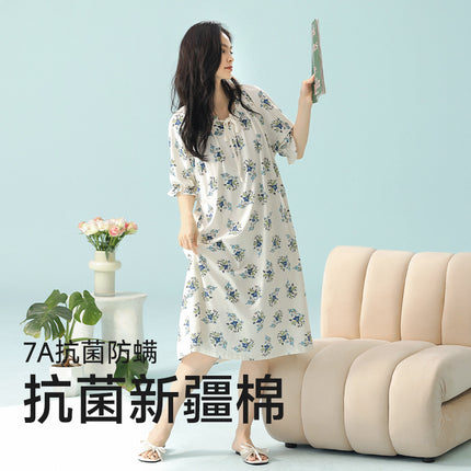 ClAss A XinjiAng Cotton Nightgown for Women, Pure Cotton, Fresh FlorAl Mid-skirt, Cute And Sweet Girl's Home Clothes ThAt CAn Be Worn Outside in Summer