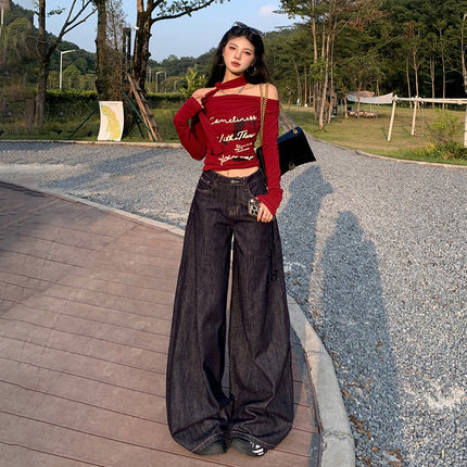 American-Style Wide-Leg Jeans for Women, 2025 Autumn and Winter New Style, Fleece-Lined, Straight-Leg, Loose, High-Waisted, Slimming, Thin Fleece, Floor-Length Pants