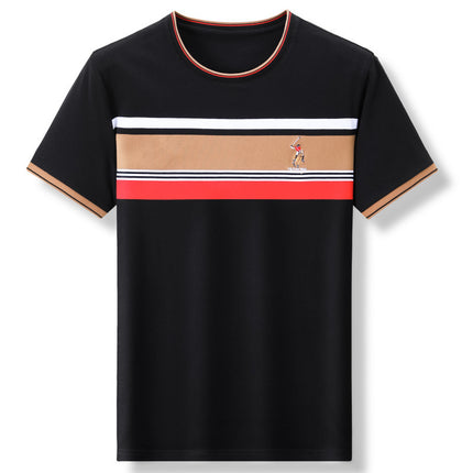 Famous Mouse Men's Summer New Men's Cotton T-Shirt Round Neck Striped Business Loose Short-Sleeved T-Shirt Top Men