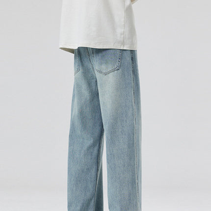 LKTM Men's# Spring and Summer light blue Washed Cat Whiskers Jeans Men's and Women's Trendy All-match Loose Straight Pants