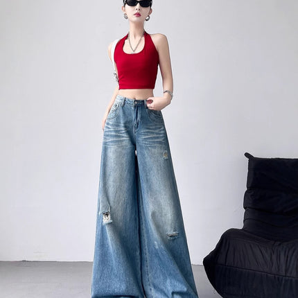 Spring New Retro Washed Ripped Denim Wide-Leg Pants for Women, Loose Slimming Straight-Leg Casual Pants, Floor-Length Pants