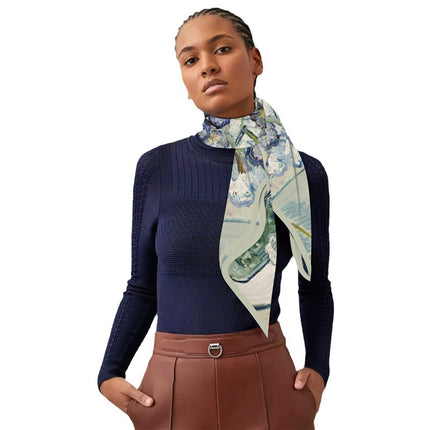 Spring and Autumn New 90cm Silk Scarf Van Gogh Carnation Glass Bottle Printed Women's Table Square Scarf All-match Shawl Scarf Head