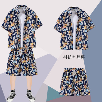 Summer thin short-sleeved floral shirt men's Hong Kong style retro Ruan Shuai Hawaiian seaside couple short-sleeved shorts two-piece set