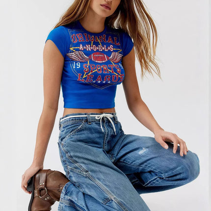 Trendy Short Blue Letter Print Crop Top T-Shirt for Summer, 65% Cotton, European and American Style