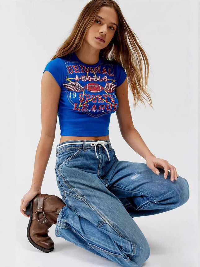 Trendy Short Blue Letter Print Crop Top T-Shirt for Summer, 65% Cotton, European and American Style