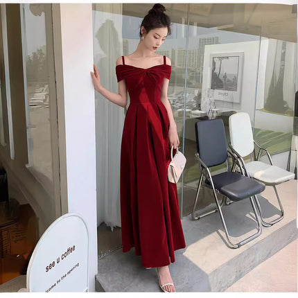 Sling off-shoulder engagement dress women's niche toast bride A- shaped wedding banquet back door dress