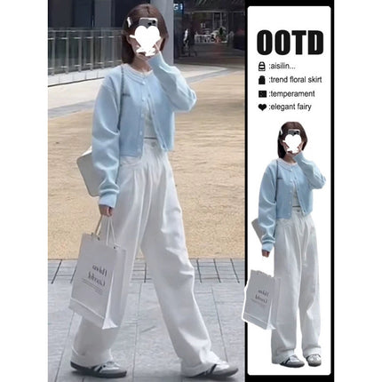 Autumn New Fashion Short Blue Knitted Cardigan Wide Leg Pants Lazy Style Two-piece Suit for Women