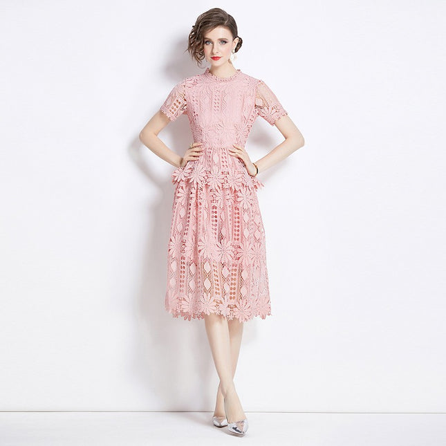 2024 new cross-border light luxury high-end fashion slim hollow water soluble lace long dress