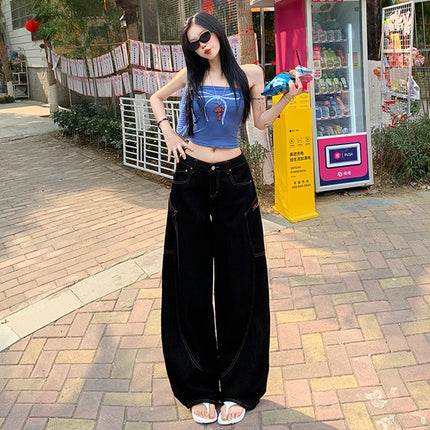 American Embroidered Stitching Machete Wide Leg Jeans Women's 2025 Spring New High Waist Loose Sickle Mop Pants