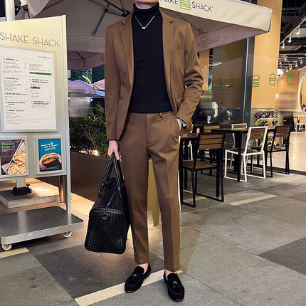 Woolen Suit Set for Men, Autumn and Winter Thickened Suit Two-Piece Set, Light Business Casual Single-Button Formal Wear