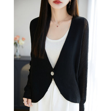 Sun Protection Cardigan Lyocell Linen V Neck Cut Out Bat Sleeves with One Button Knitted Jacket Women's Air-Conditioned Blouse
