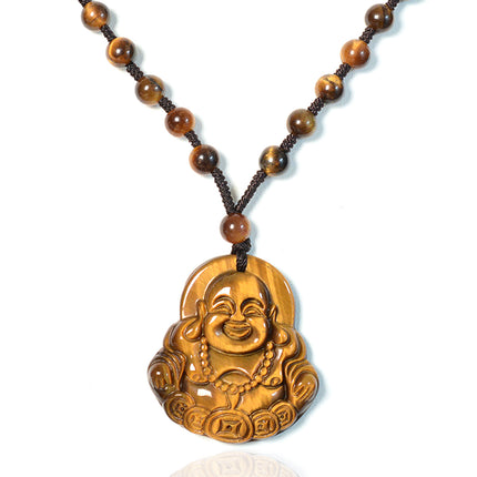 Natural tiger eye stone money Buddha pendant necklace crystal laughing Buddha jade pendant Maitreya Buddha pendant sweater chain wholesale