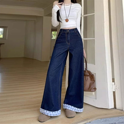 American-Style Dark Blue Denim Wide-Leg Pants, New Cropped Plaid Patchwork Design, Petite Slimming Straight-Leg Floor-Length Pants