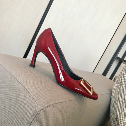 Letter Metal Square Buckle Shallow Mouth Women's Shoes Medium Heel Square Toe Shoes Classic Horseshoe Heel Patent Leather Professional Work Shoes for Women