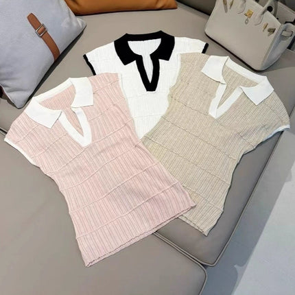 Korean Dongdaemun Spring and Summer New Style Elegant Color-Blocking V-Neck Slim Fit Slightly See-Through Figure-Flattering Knit T-Shirt