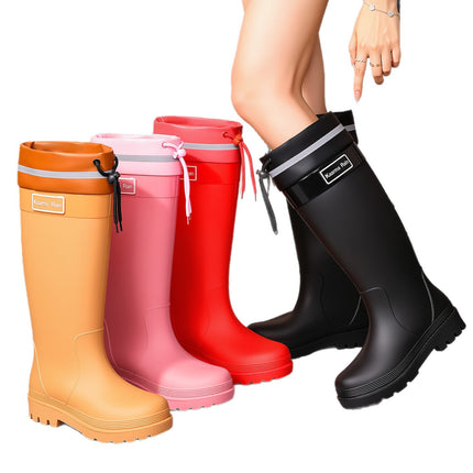Japanese and Korean Fashion Rain Boots, Extra Tall Red Drawstring Rubber Shoes, Height-Increasing Slimming Rain Boots, Waterproof Outdoor Slip-On Water Shoes, Water Boots