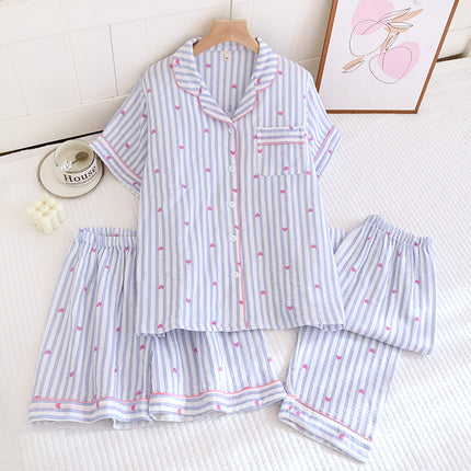 Various Style Spring and Summer Cotton Crepe Pajamas Sweet Three-Piece Short-Sleeved Trousers Spring and Autumn Loose Casual suit