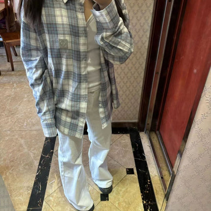 Korean Style Plaid Retro Long-sleeved Shirt Women's Spring and Autumn New Scrub Sunscreen Shirt Lazy Style French Top Coat