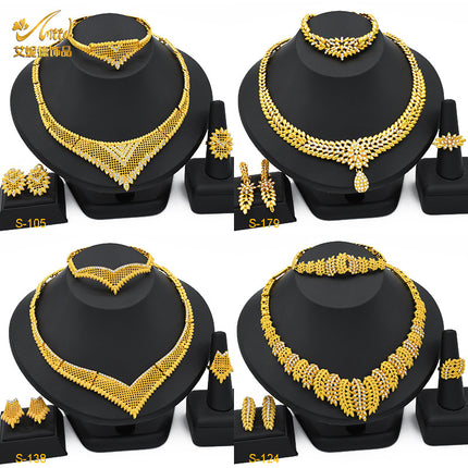 2025 Summer Dubai 24K Gold Bridal Jewelry Set Necklace Earrings Bracelet Ring Middle East Africa Jewelry
