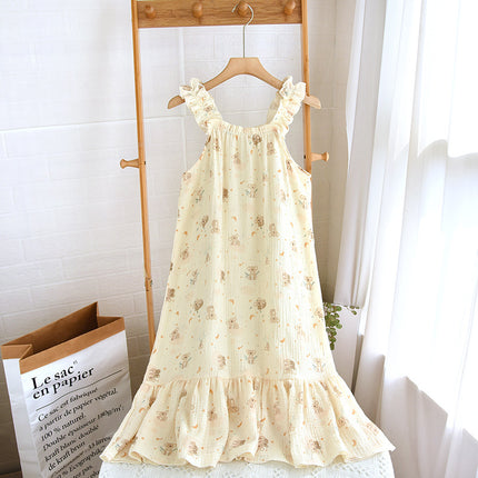 Cotton Gauze Sling Nightgown Women's Summer All Cotton Thin Cute Fresh Pajamas Loose Sweet Crepe Home Clothes
