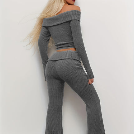 Cross-Border 2-Piece Set for Women, Solid Color Off-Shoulder Long-Sleeve Crop Top and Flared Pants Fashion Set, Spring and Autumn