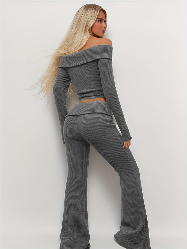 Cross-Border 2-Piece Set for Women, Solid Color Off-Shoulder Long-Sleeve Crop Top and Flared Pants Fashion Set, Spring and Autumn