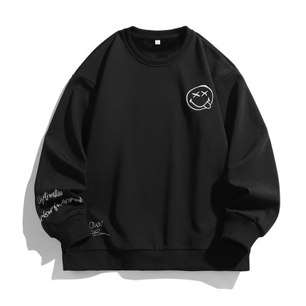 Smiley face embroidered heavy round neck sweater men's autumn new Japanese fashion brand all-matching boys plus size casual pullover