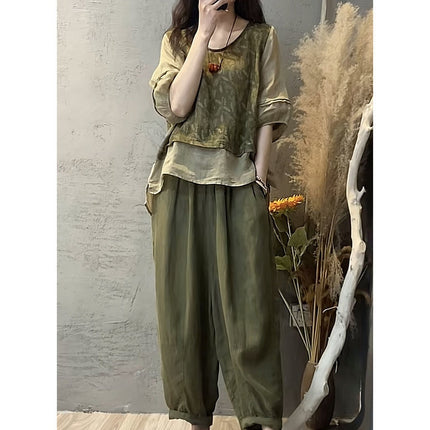 Trendy Summer New Women's Cotton and Linen Set: V-Neck Top to Cover Belly and Slimming Harem Pants Two-Piece Set