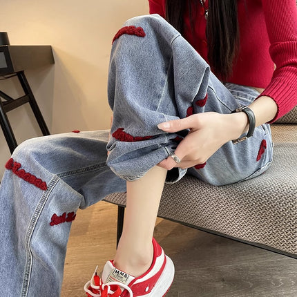 Letter Embroidered Wide Leg Jeans Women's Fashion All-match New High Waist Slimming Loose Casual Straight Trousers