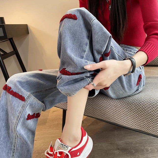 Letter Embroidered Wide Leg Jeans Women's Fashion All-match New High Waist Slimming Loose Casual Straight Trousers