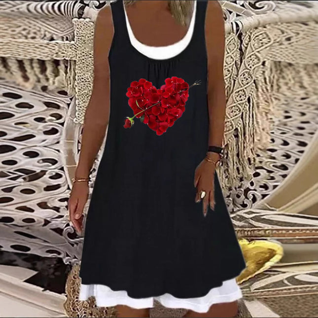 In-Stock 2025 European and American Style Aliexpress Wish Independent Site Fashion Casual Heart Print Faux Two-Piece Sleeveless Dress