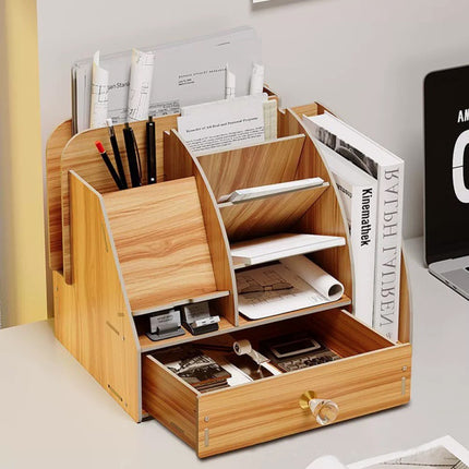 Wooden Office Desk Information Rack Stationery Filing Rack File Rack with Drawer Storage Box Desktop Creative Storage Box
