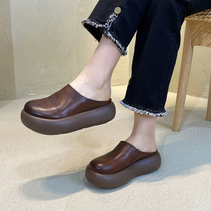 Vintage Casual Thick Bottom Slippers Women's Outer Wear Genuine Leather Sandals 2025 Summer New Round Head Cowhide Half Slippers