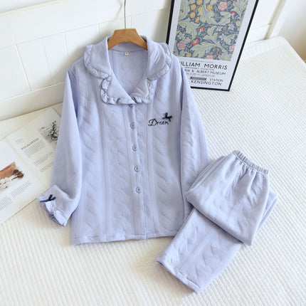 Autumn and Winter New Quilted Pajamas Medium Thick Heart Air Layer Women's Home Clothes Solid Color Casual Long Sleeve Trousers