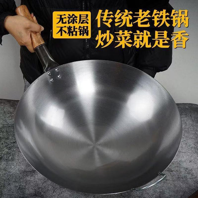 Traditional Old-Style Single-Handle Wok, Uncoated Wrought Iron Pot, Non-Stick, Commercial Use, Large Wok for Stir-Frying, Iron Pot for Stir-Frying Rice Noodles