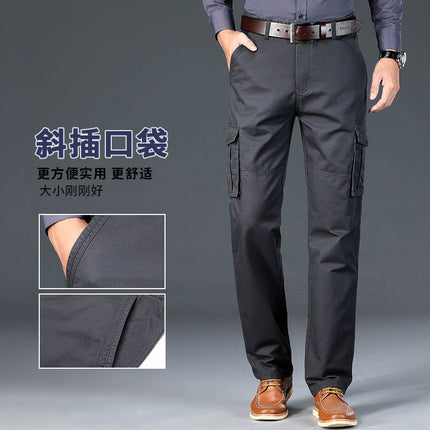 Pure Cotton Multi-Pocket Work Pants for Men, Loose Straight-Leg Casual Pants, Durable Outdoor Large Size Long Pants for Men