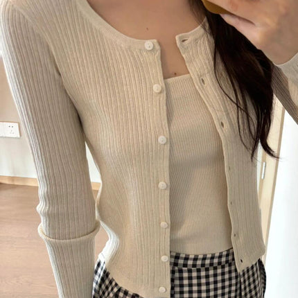 2026 New Early Spring Outfit: a Complete Set of Korean-Style Gentle Knit Cardigan and Plaid Suspender Skirt Set