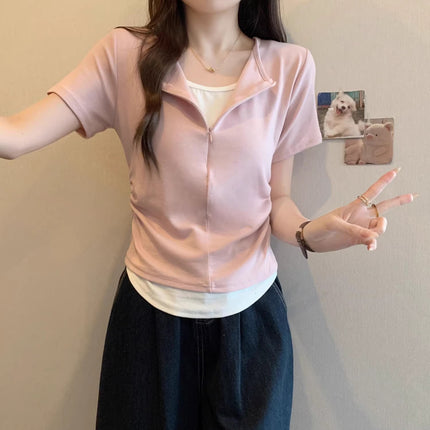French Style Lace Stitching Design Sense Fake Two-piece Short Waist Tops Women's Summer Small Gray Short-sleeved T-shirt