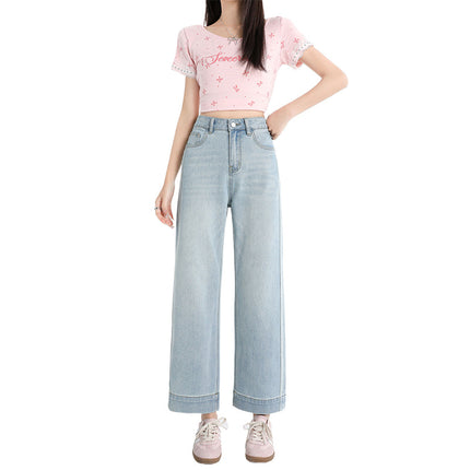 Raccoon House # Lyocell Loose Baguette Pants High-Waisted Elastic Straight Pear-Shaped Figure Slim Jeans for Women