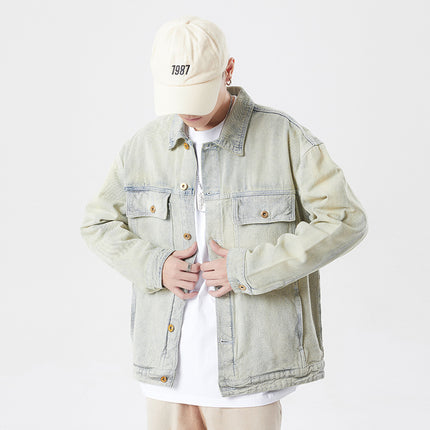 Men's Denim Jacket Casual Versatile Trendy Brand European and American Street Loose Clothing Retro Style Personalized Jacket Men's Light Color
