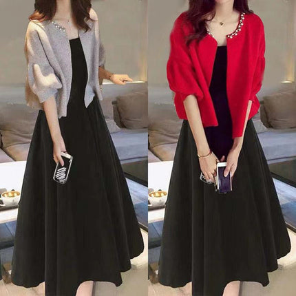 plus size women's clothing 2023 spring and summer new two-piece women's beaded coat long slim dress suit tide