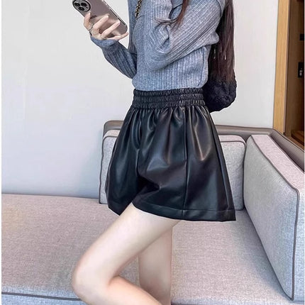 pu leather shorts women's 2023 autumn and winter new high waist a figure slim wide leg pants small casual outer boot pants