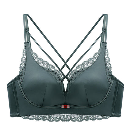New hollow-out breast shaping with satin underwear thickened steamed bread cup small chest push up sexy cross back bra foreign trade