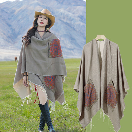 Xinjiang Xizang Travel Photo Split Pocket Ethnic Scarf Women's Dual-use Warm Outer Cape Cape Shawl